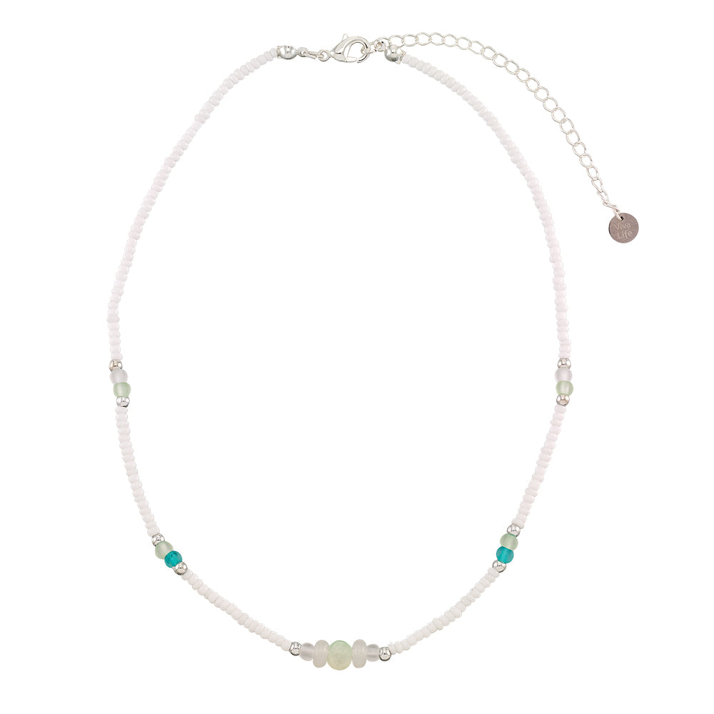 Frosted Glass Bead White Seedbead 15" Necklace