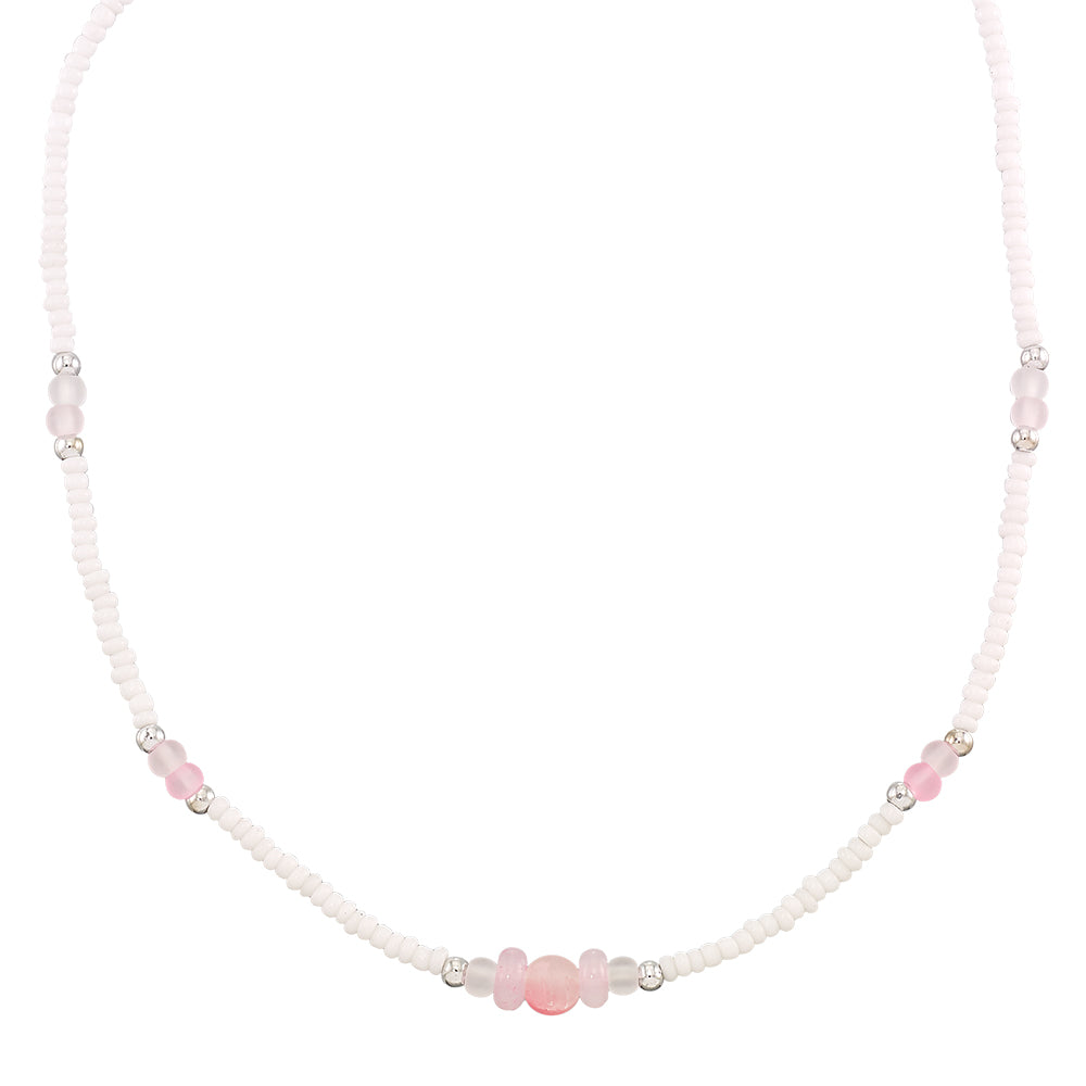 Frosted Glass Bead White Seedbead 15" Necklace