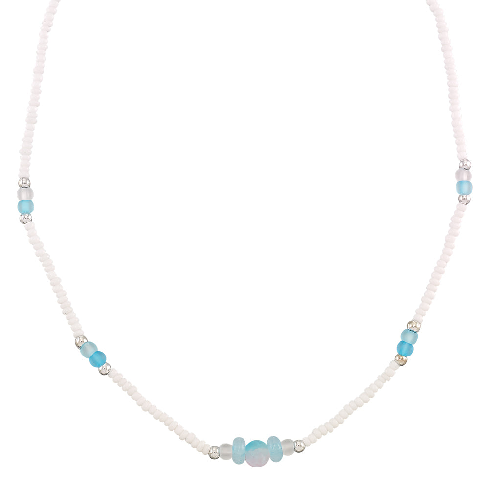 Frosted Glass Bead White Seedbead 15" Necklace