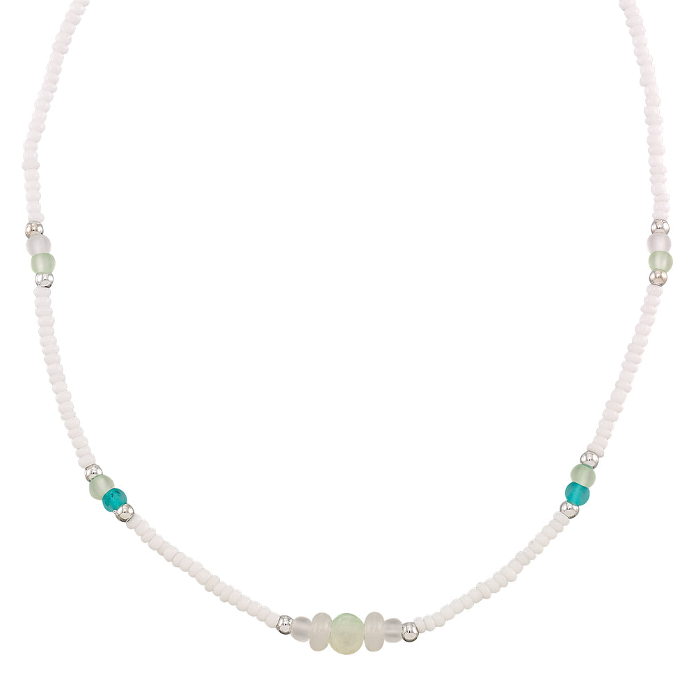 Frosted Glass Bead White Seedbead 15" Necklace