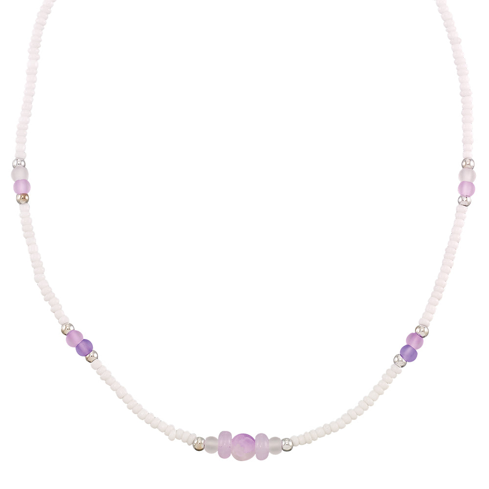Frosted Glass Bead White Seedbead 15" Necklace