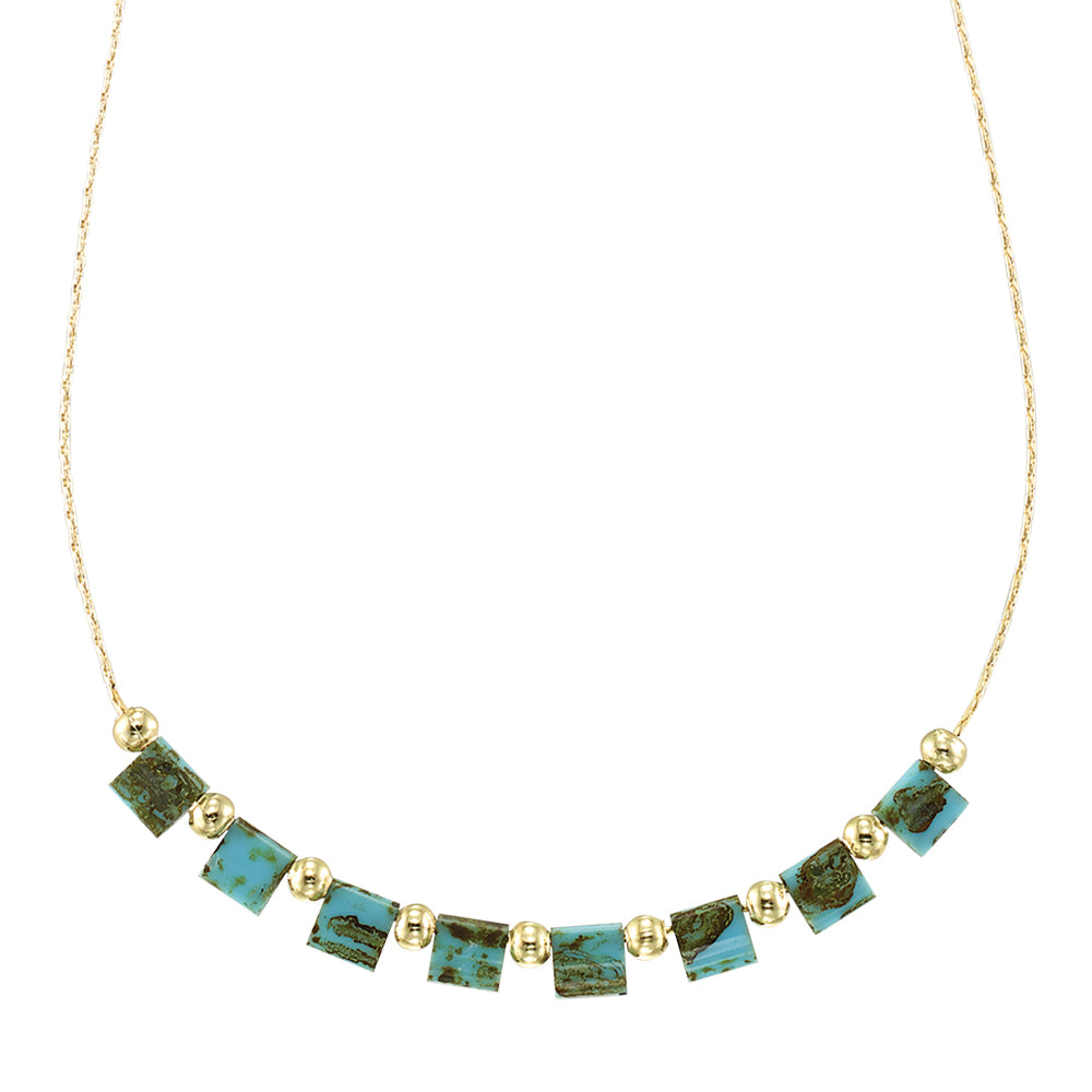 Square Glass & Metal Bead Necklace