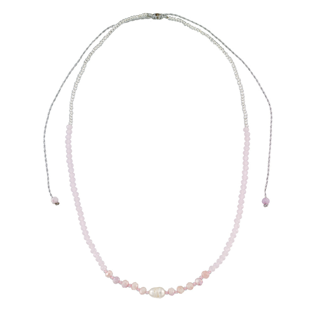 Faceted Crystal & Pearl on Silver Metallic Silver Cord Necklace