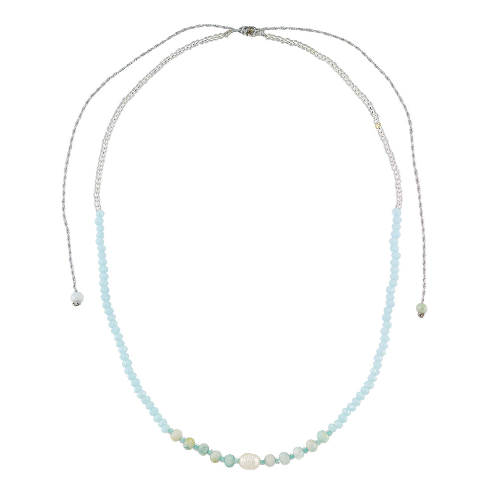 Faceted Crystal & Pearl on Silver Metallic Silver Cord Necklace