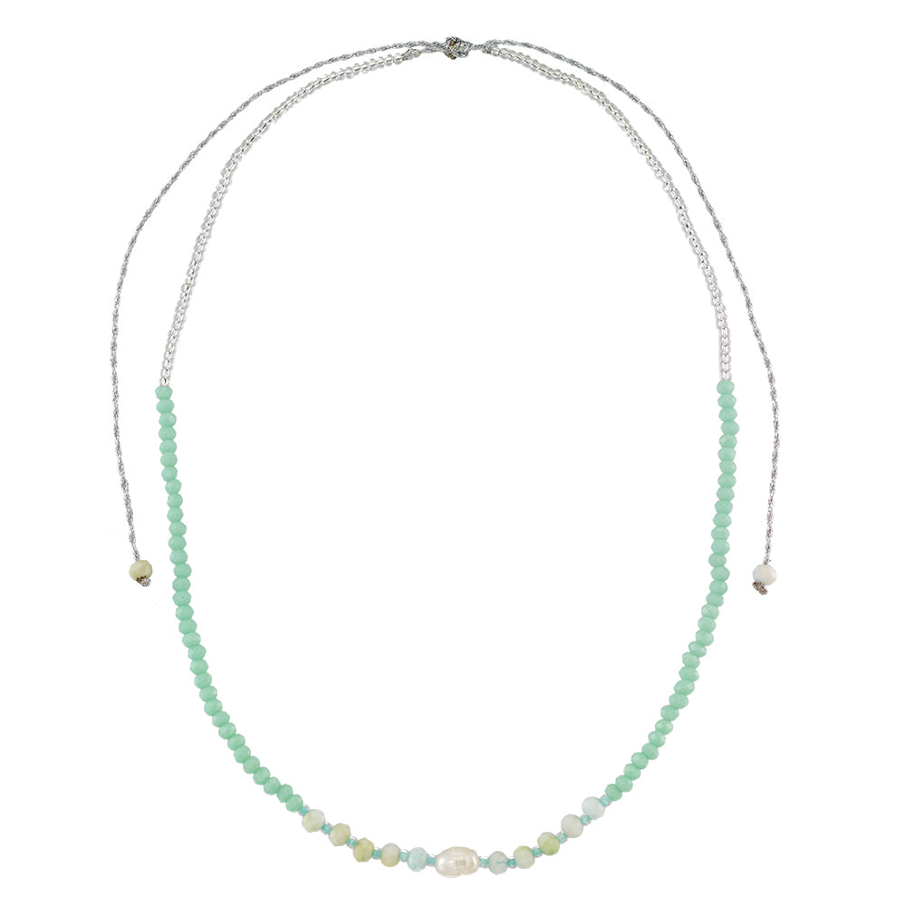 Faceted Crystal & Pearl on Silver Metallic Silver Cord Necklace