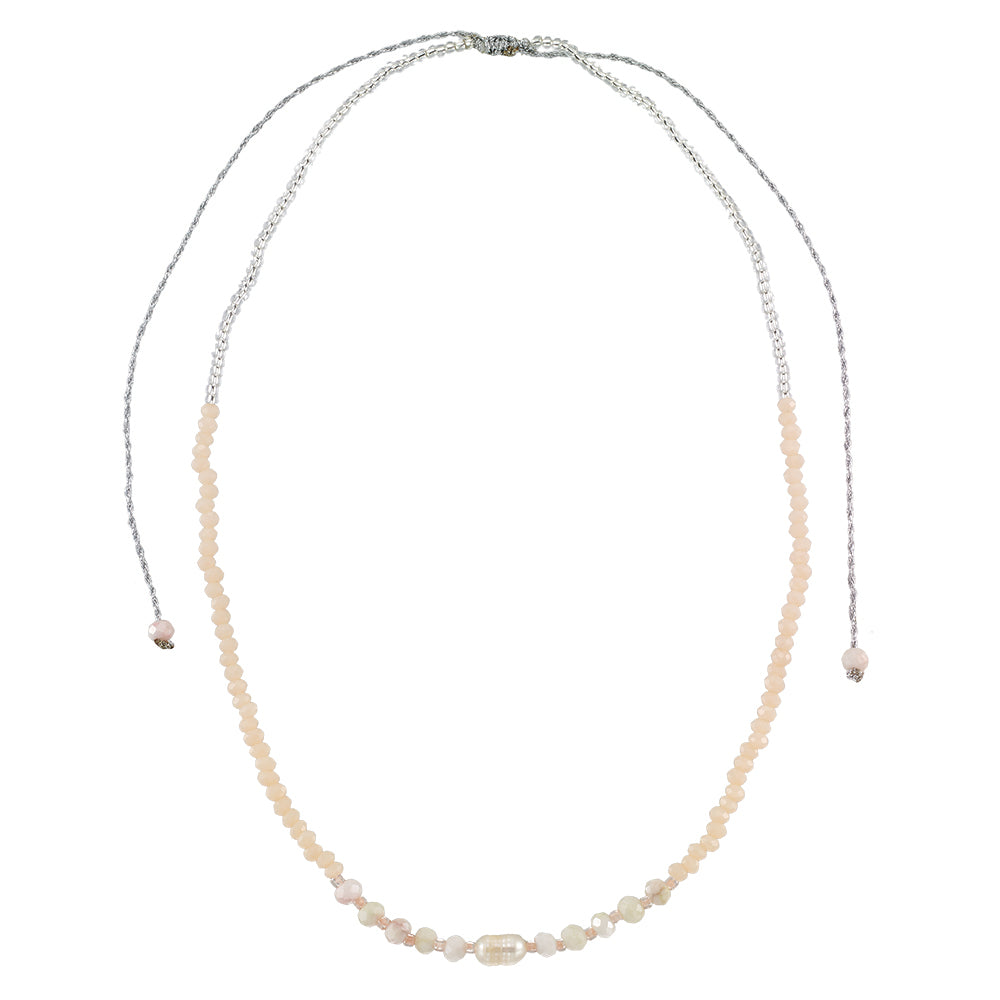 Faceted Crystal & Pearl on Silver Metallic Silver Cord Necklace