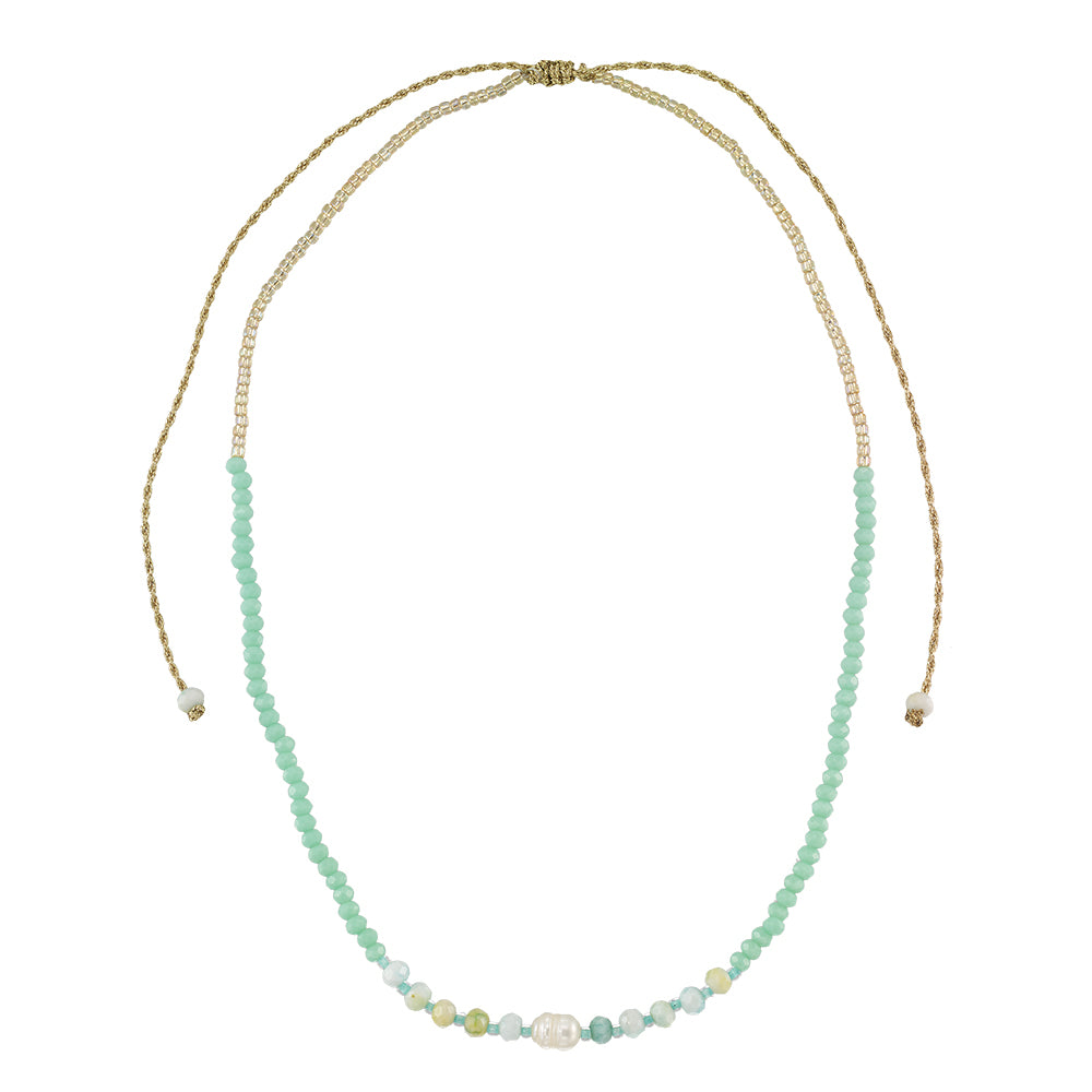 Faceted Crystal & Pearl on Silver Metallic Gold Cord Necklace