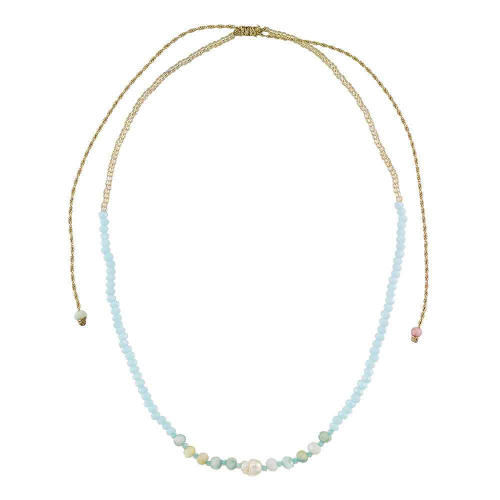 Faceted Crystal & Pearl on Silver Metallic Gold Cord Necklace