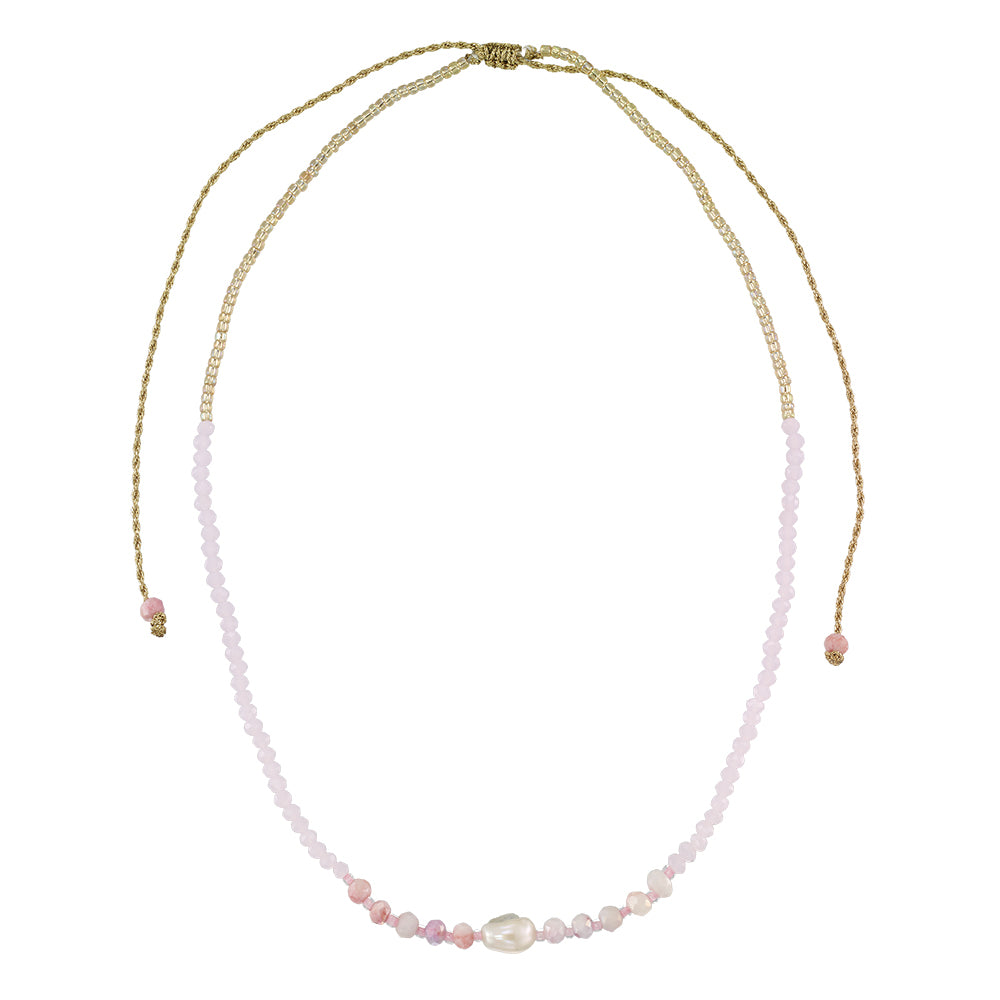 Faceted Crystal & Pearl on Silver Metallic Gold Cord Necklace