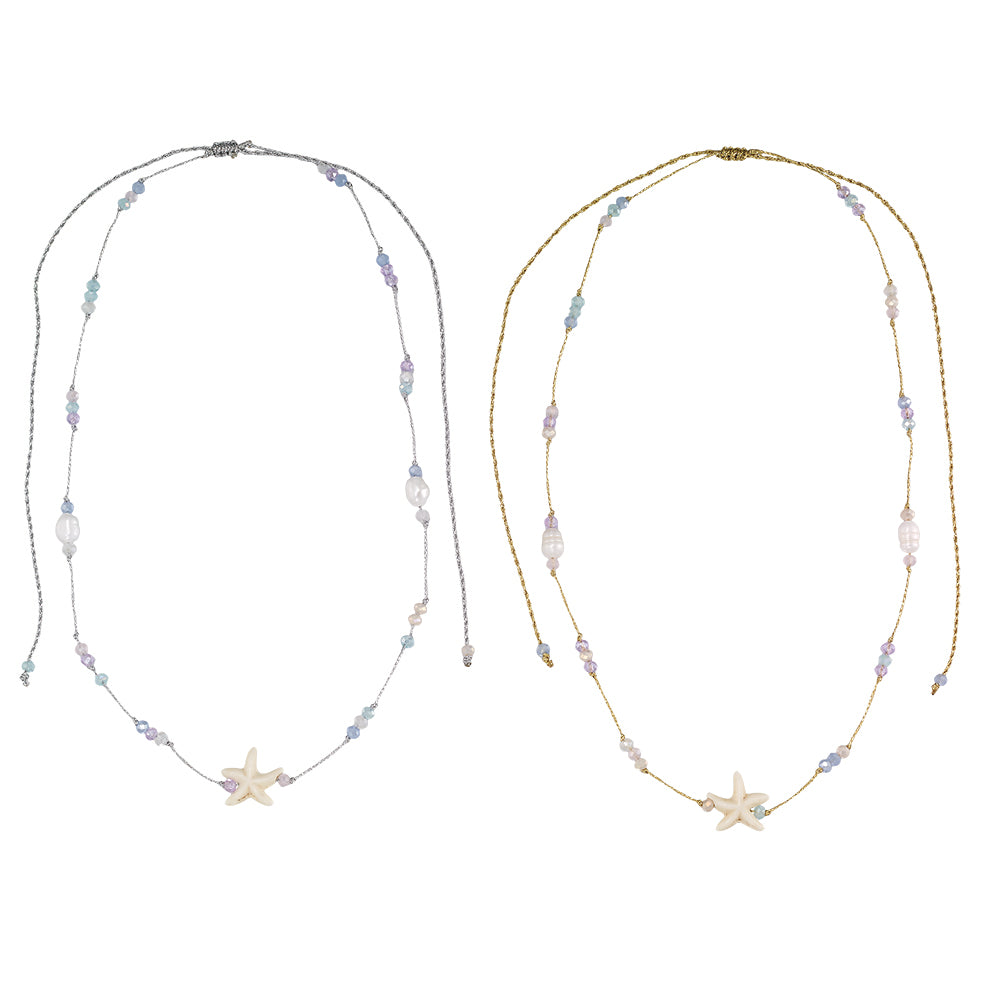 Starfish, Crystal, & Freshwater Pearl Metallic 16" Adjustable Necklace