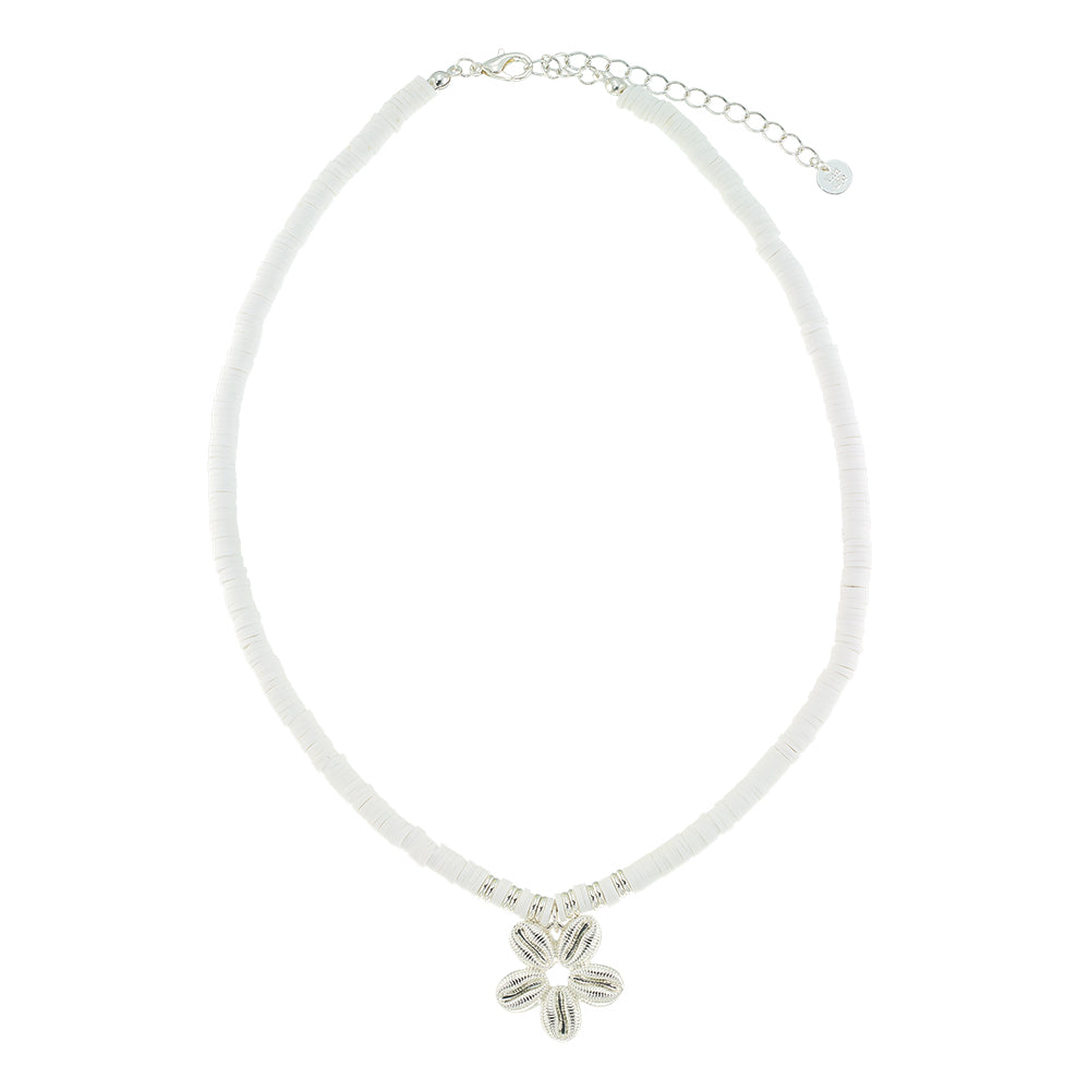 White Fimo/Metallic Cowrie Daisy 16" Necklace
