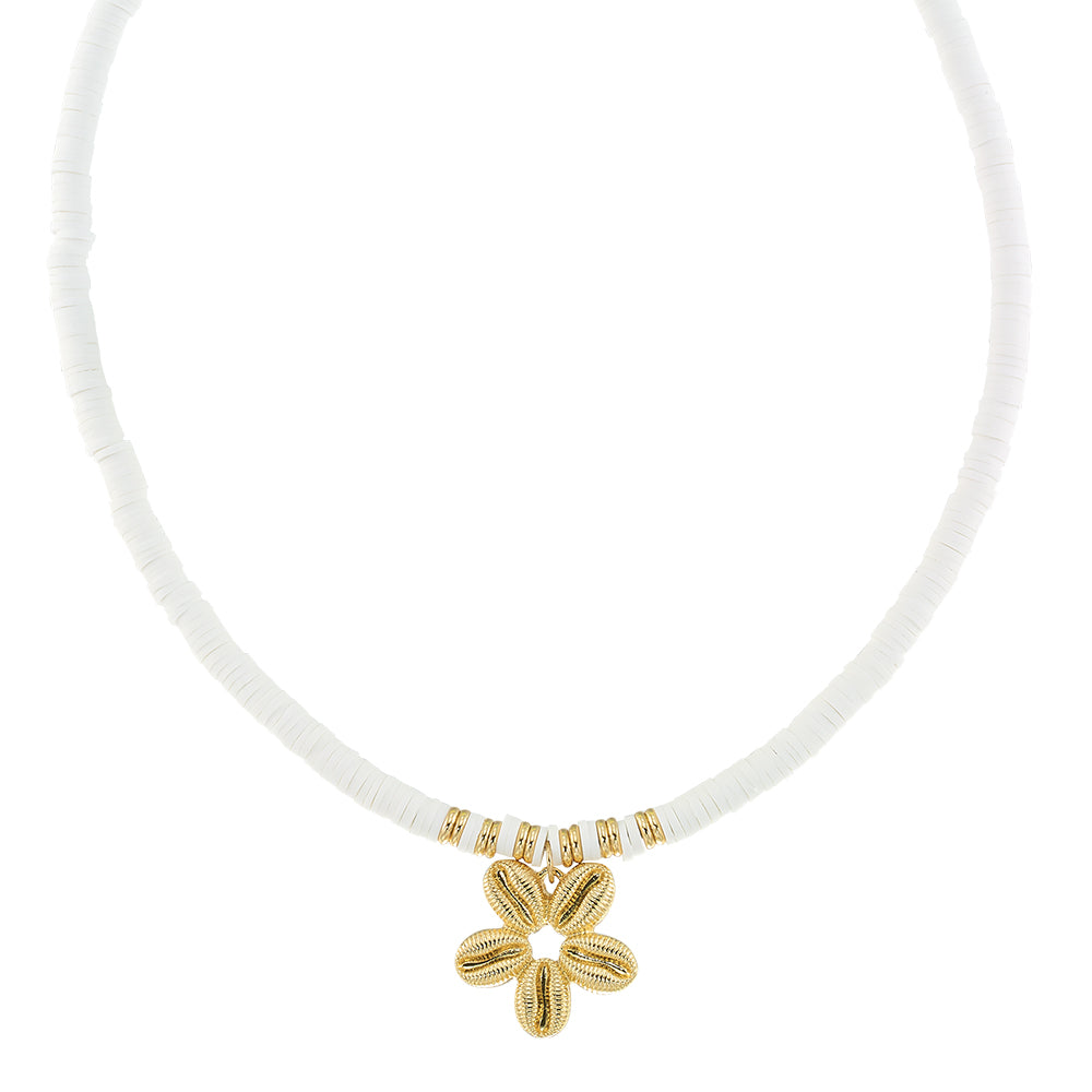 White Fimo/Metallic Cowrie Daisy 16" Necklace
