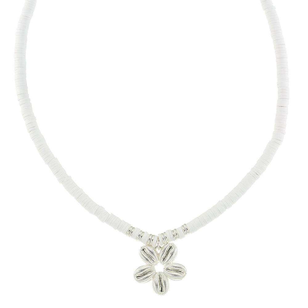 White Fimo/Metallic Cowrie Daisy 16" Necklace