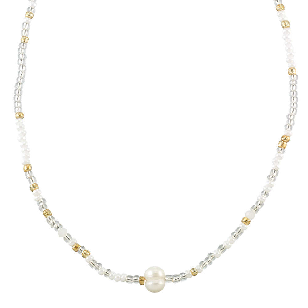 Gold/White/Silver Seed Bead Freshwater Pearl 15" Necklace