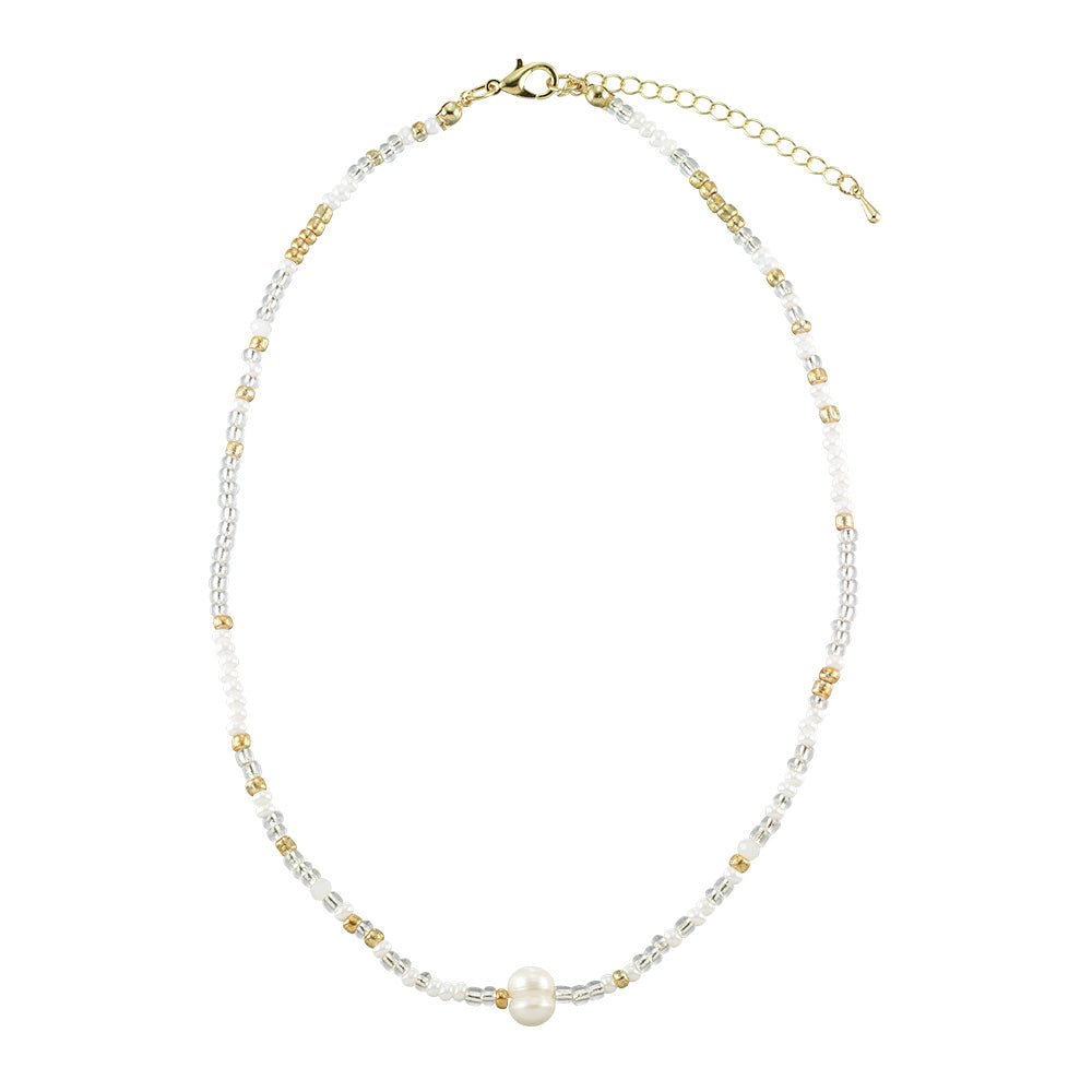 Gold/White/Silver Seed Bead Freshwater Pearl 15&quot; Necklace