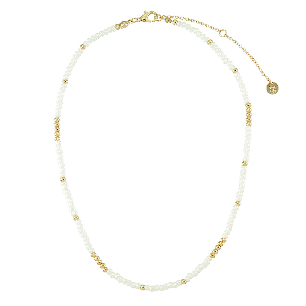 White Pearlized Seedbead Metal 15&quot; Necklace