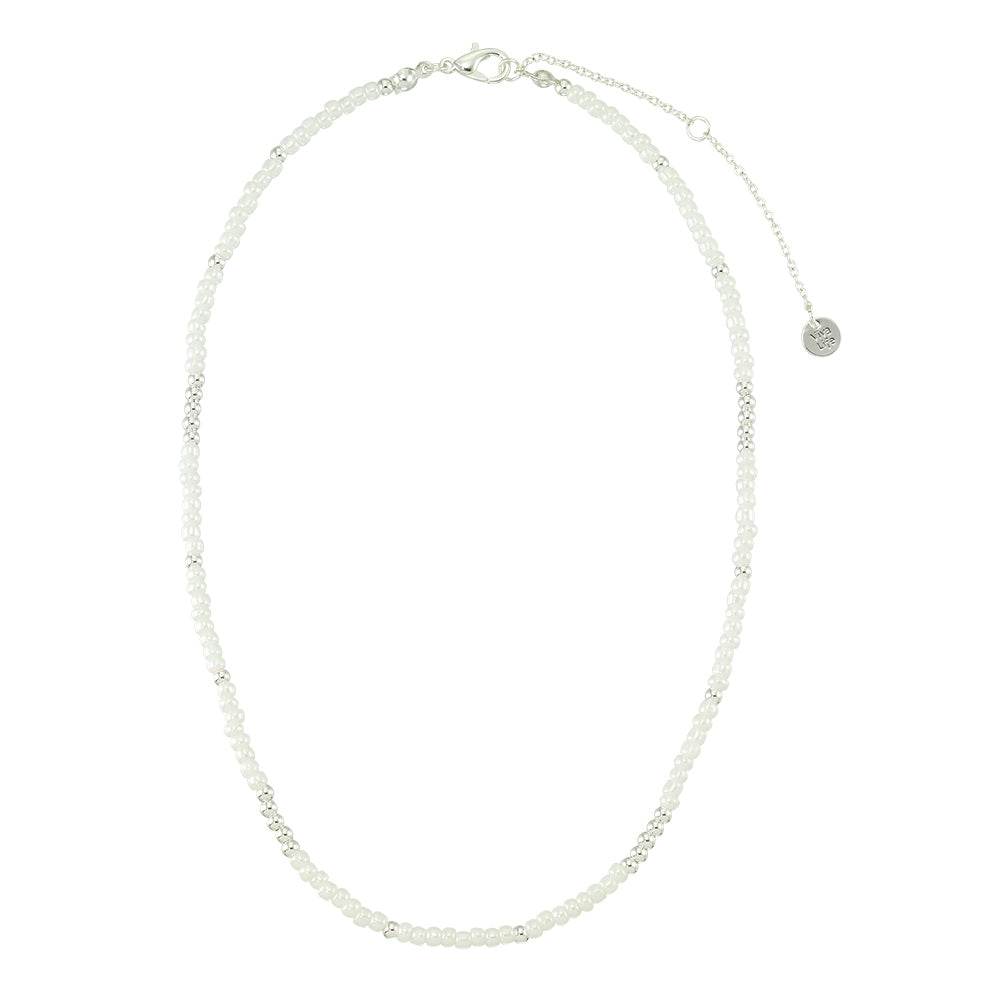 White Pearlized Seedbead Metal 15" Necklace