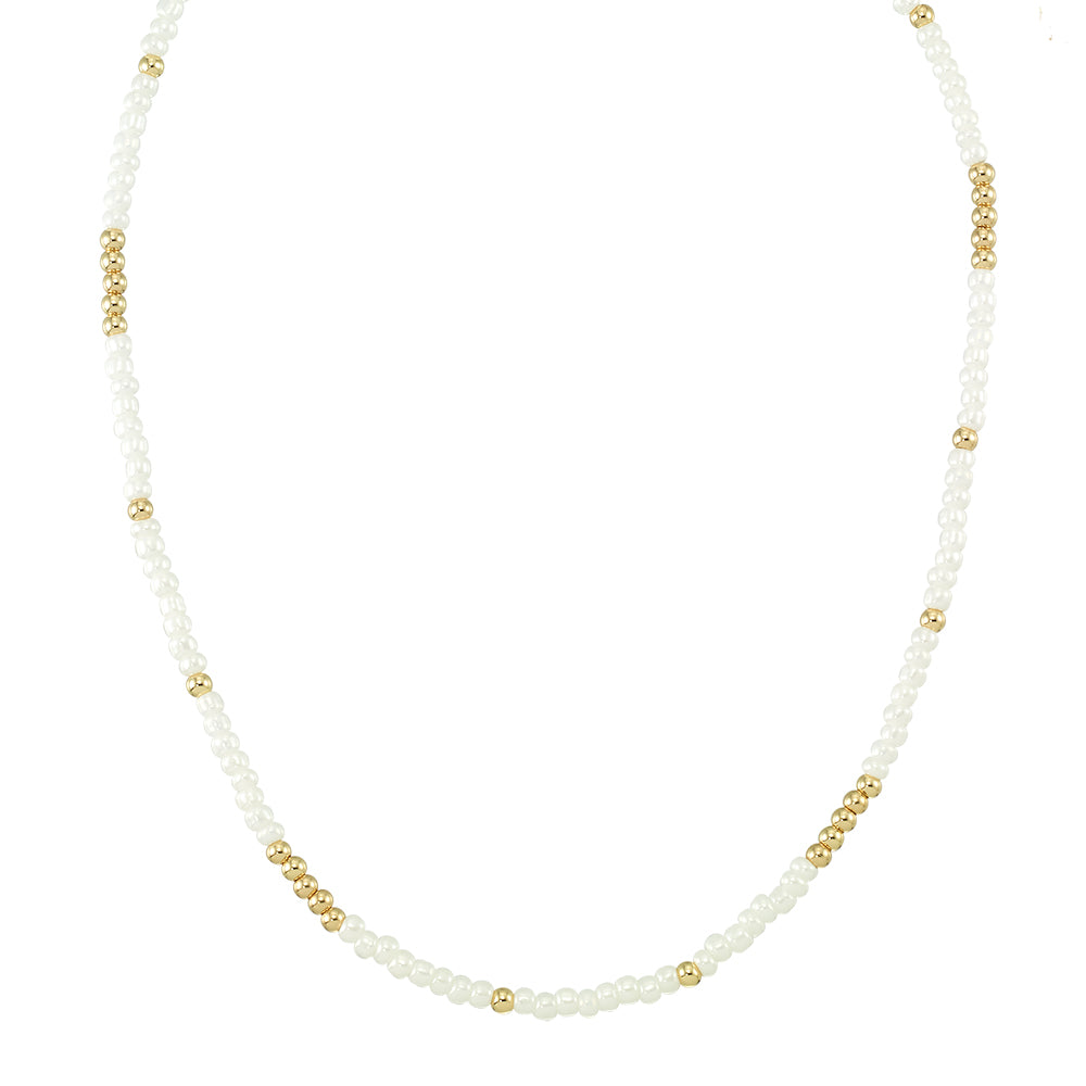 White Pearlized Seedbead Metal 15" Necklace