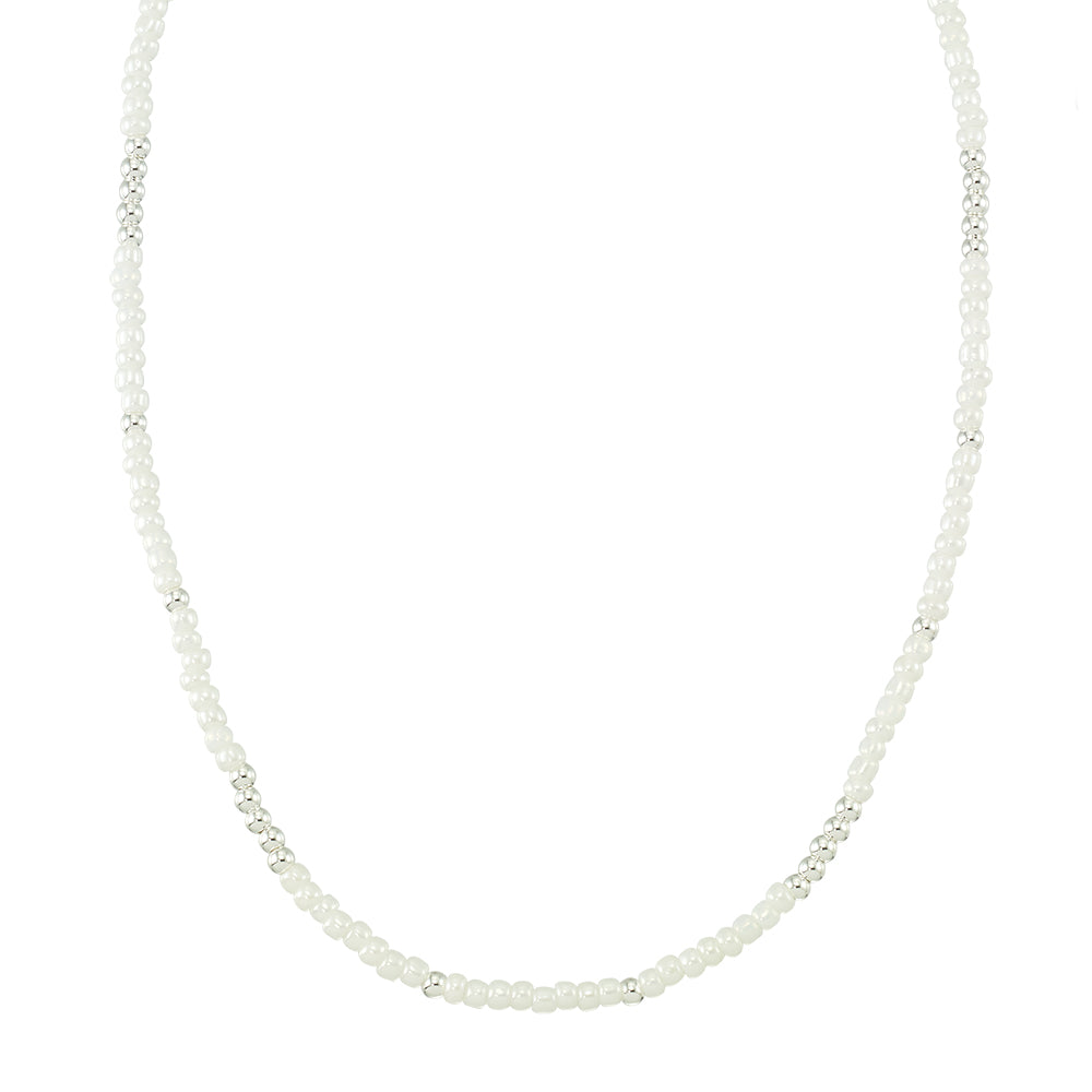 White Pearlized Seedbead Metal 15" Necklace