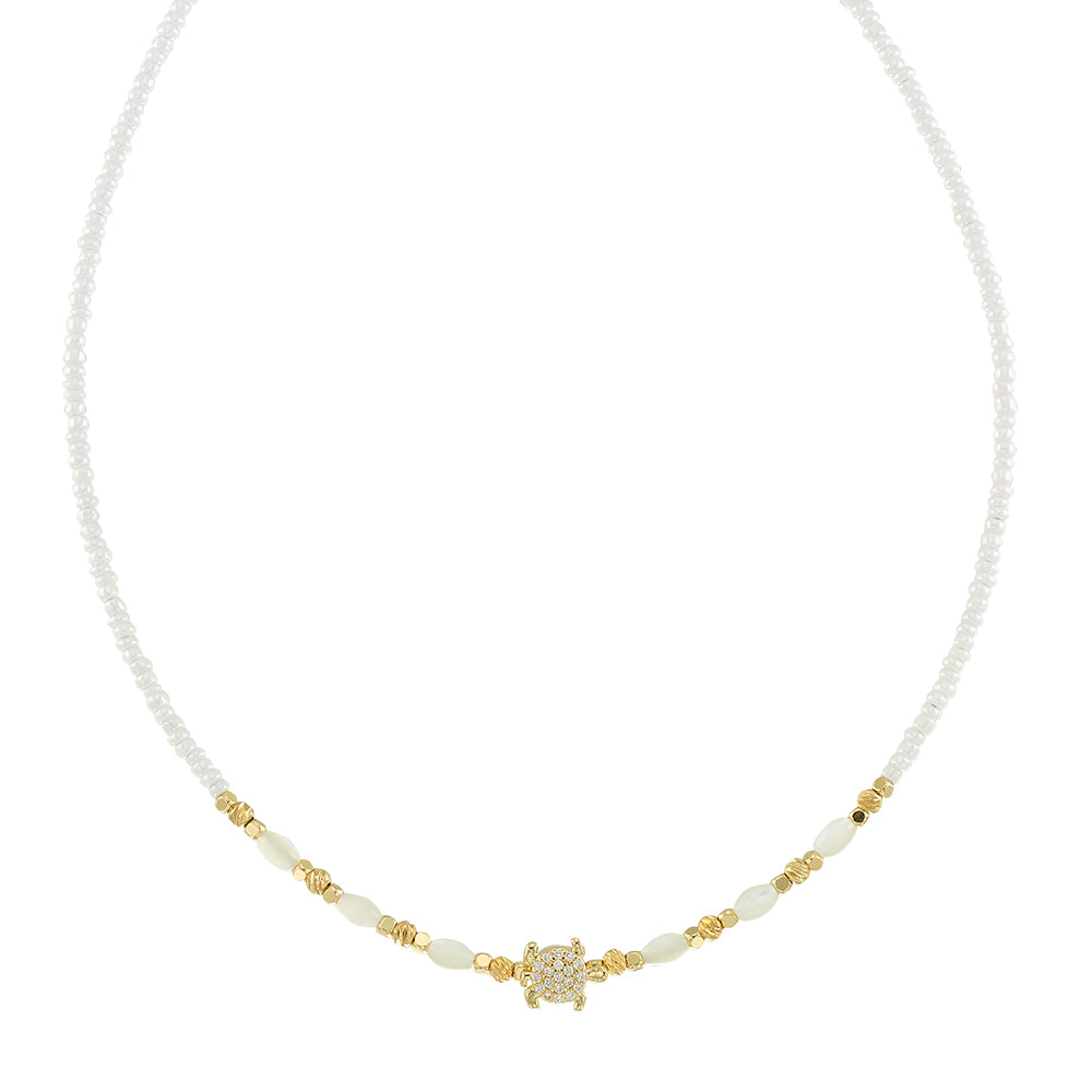 Crystal Turtle Seedbead Mother of Pearl 15" Necklace
