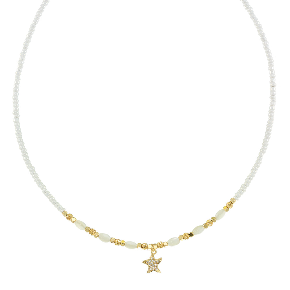 Crystal Starfish Seedbead Mother of Pearl 15" Necklace