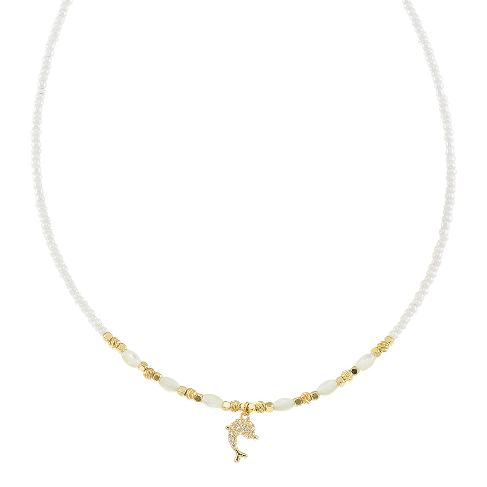 Crystal Dolphin Seedbead Mother of Pearl 15" Necklace