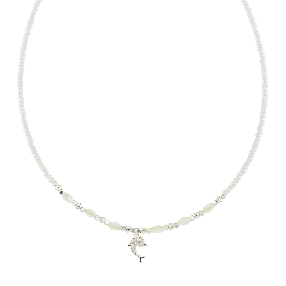 Crystal Dolphin Seedbead Mother of Pearl 15" Necklace