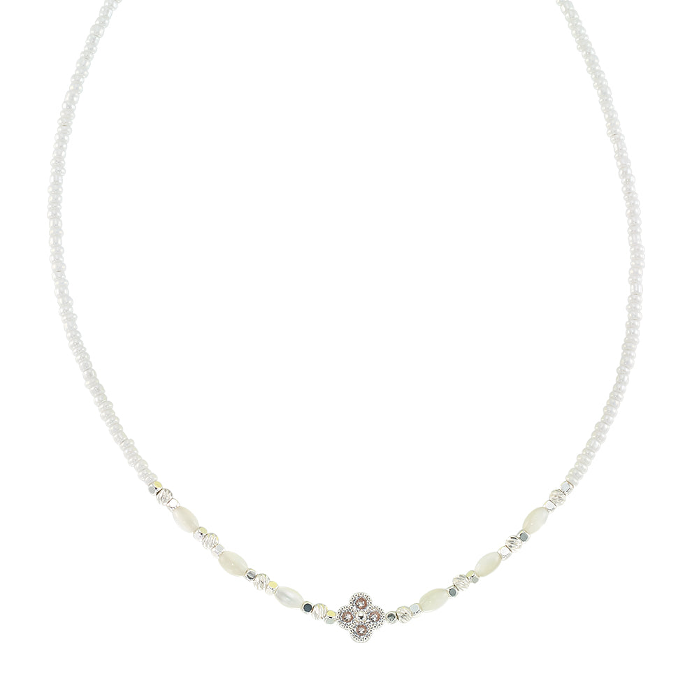 Crystal Clover Seedbead Mother of Pearl 15" Necklace