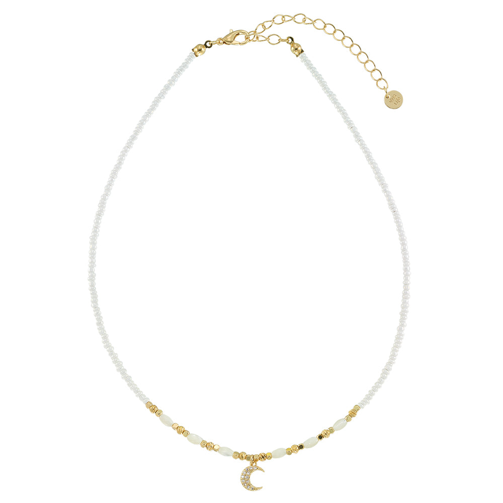 Crystal Moon Seedbead Mother of Pearl 15&quot; Necklace