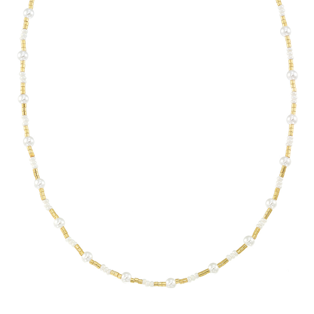 Silver and Gold Seedbead Pearl 15" Necklace