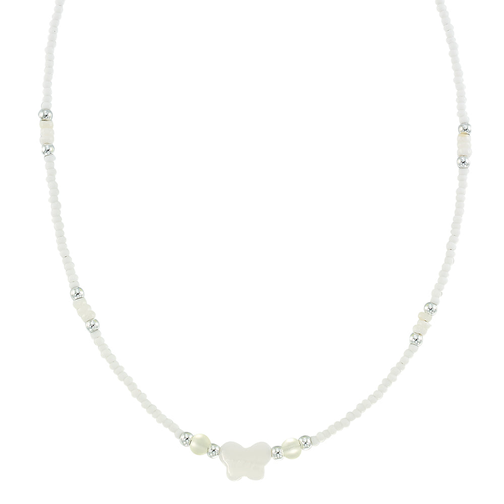 Mother of Pearl Butterfly Frosted Bead 15" Necklace