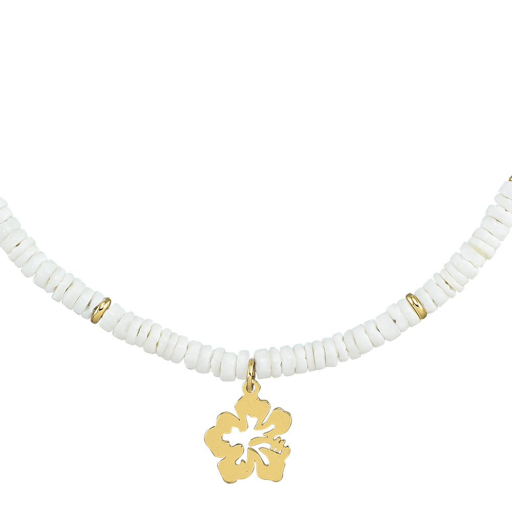 White Clam Shell Hibiscus Flower 15" Necklace