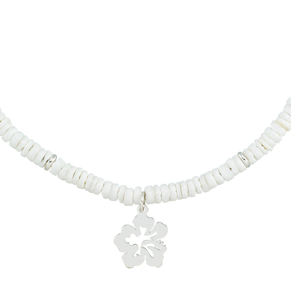White Clam Shell Hibiscus Flower 15" Necklace