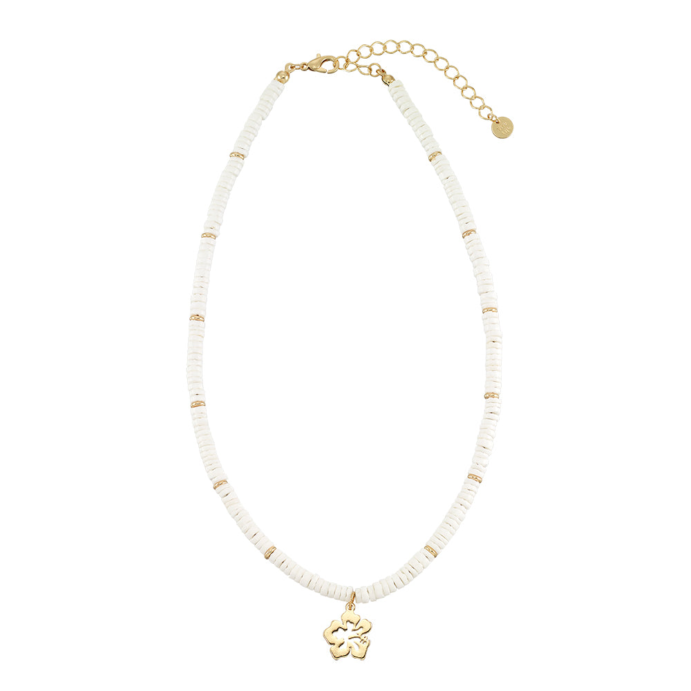 White Clam Shell Hibiscus Flower 15" Necklace