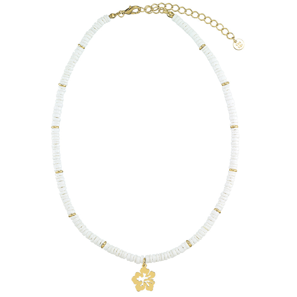 White Clam Shell Hibiscus Flower 15" Necklace
