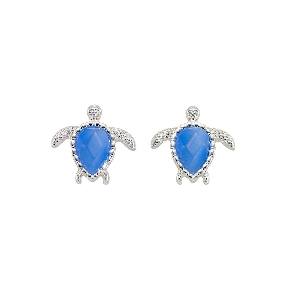 Silver Blue Cats Eye Turtle Stud Earrings