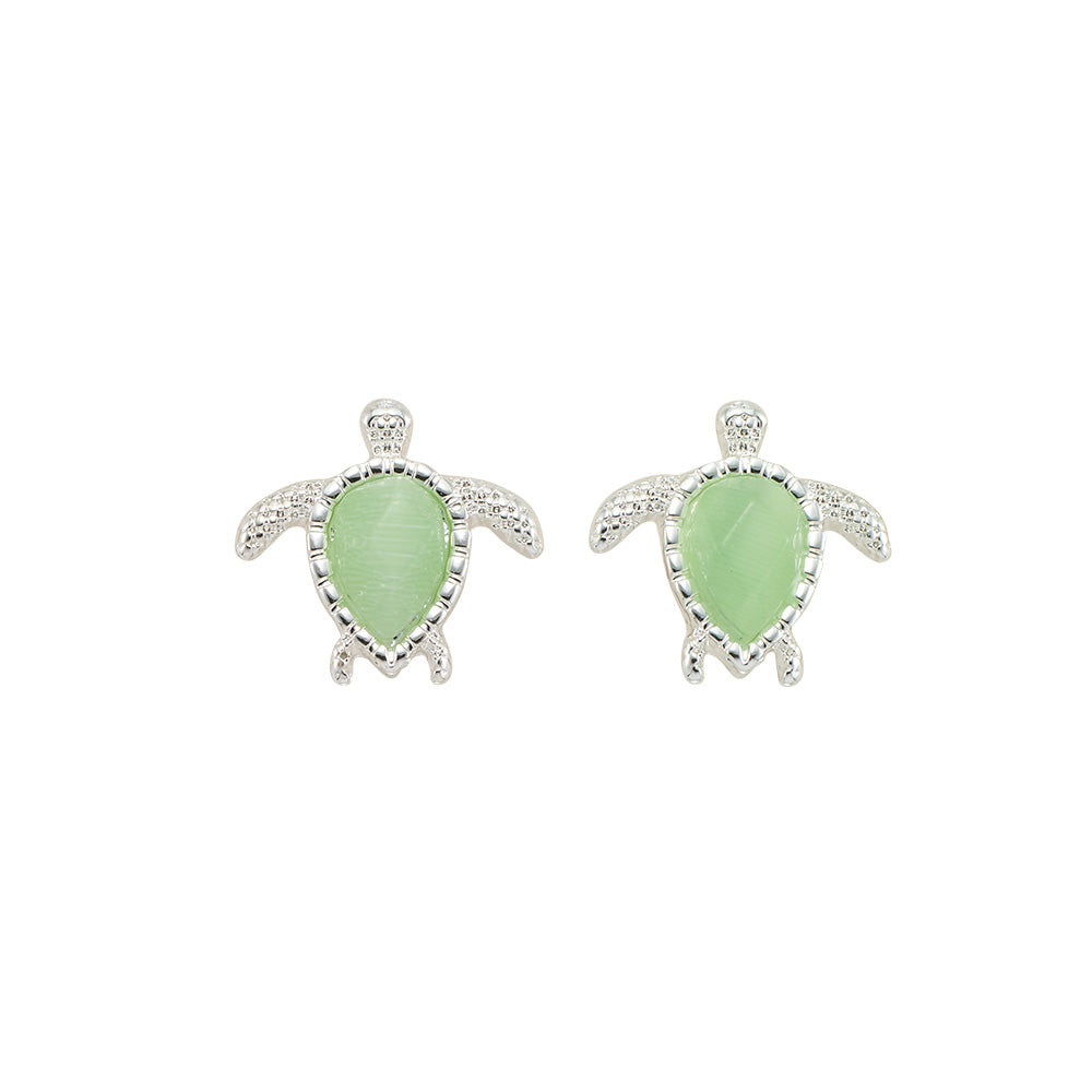 Silver Green Cats Eye Turtle Earrings