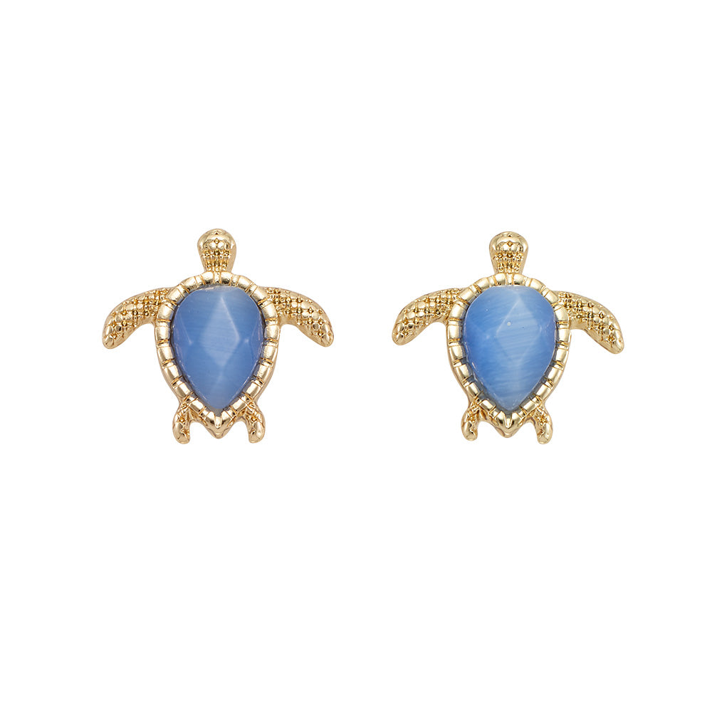 Gold Blue Cats Eye Turtle Stud Earrings
