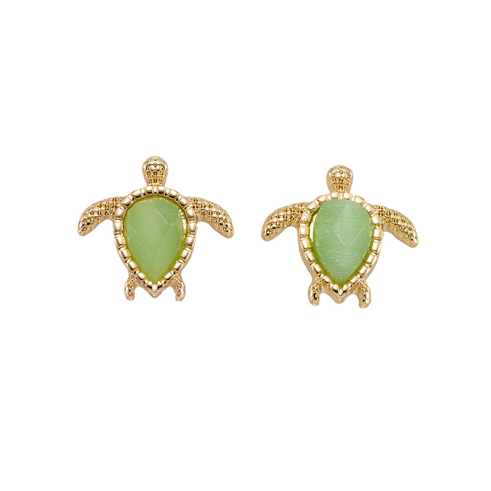 Gold Green Cats Eye Turtle Stud Earrings