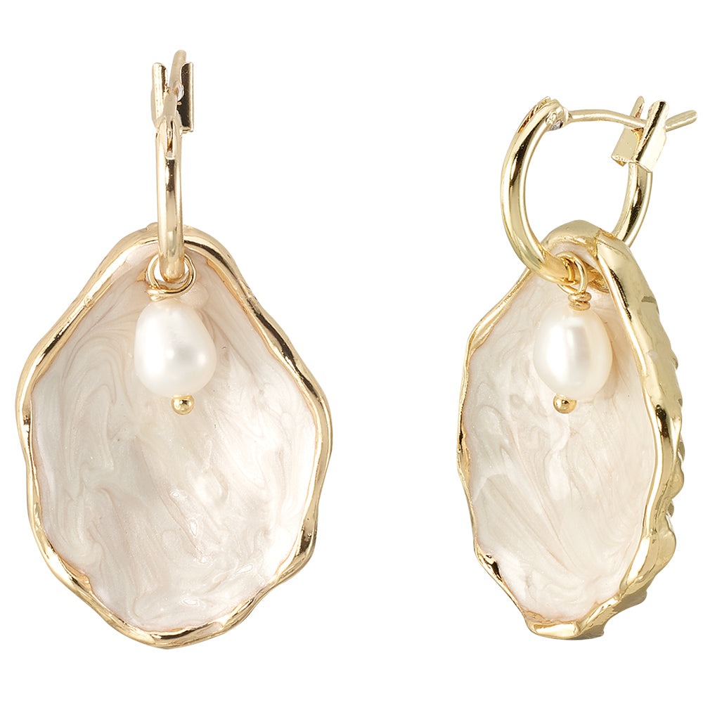 Pearlized Enamel Oyster Pearl Huggie Earrings