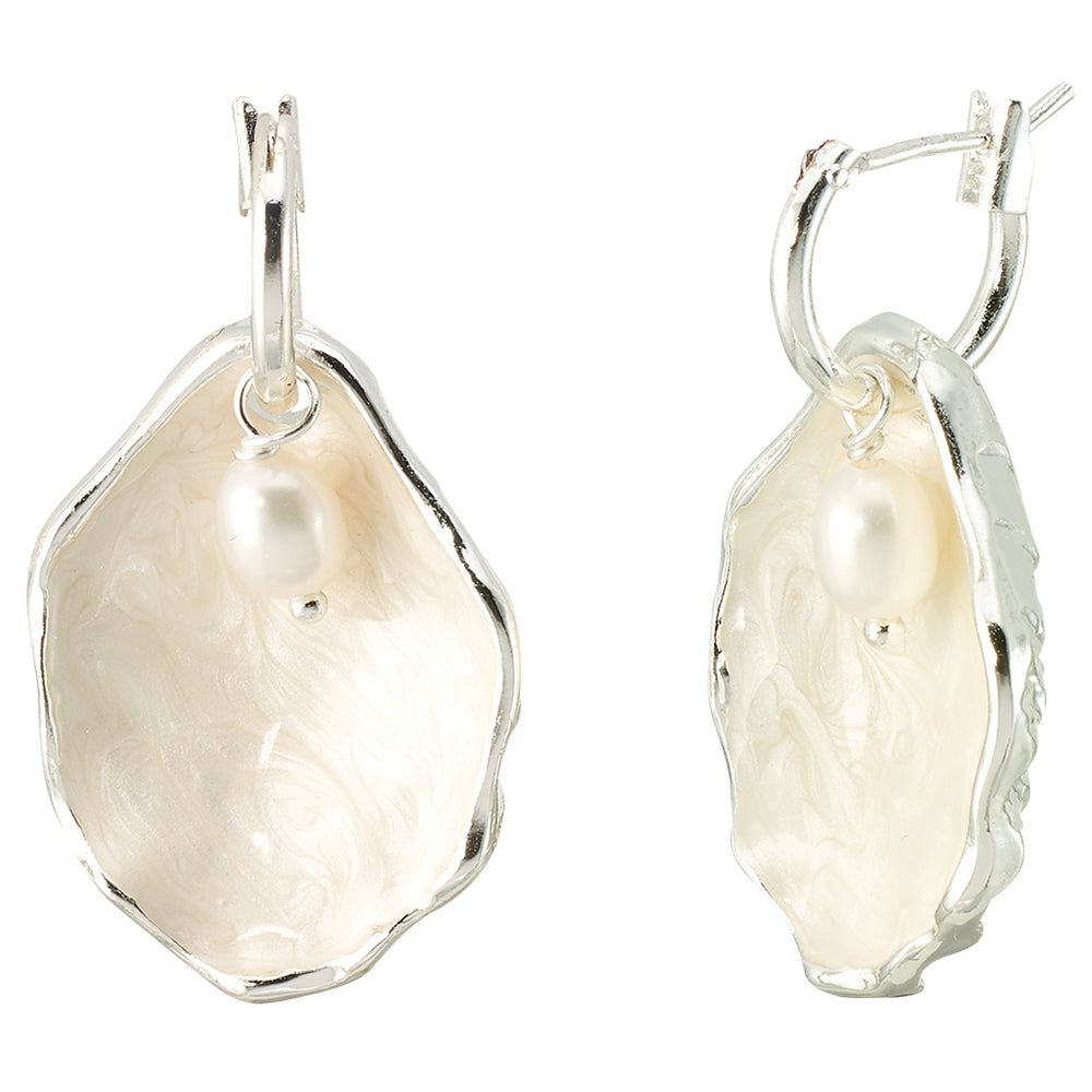 Pearlized Enamel Oyster Pearl Huggie Earrings