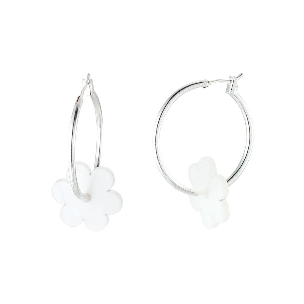 Venice Beach Silver Pearlized Daisy Hoop Earrings