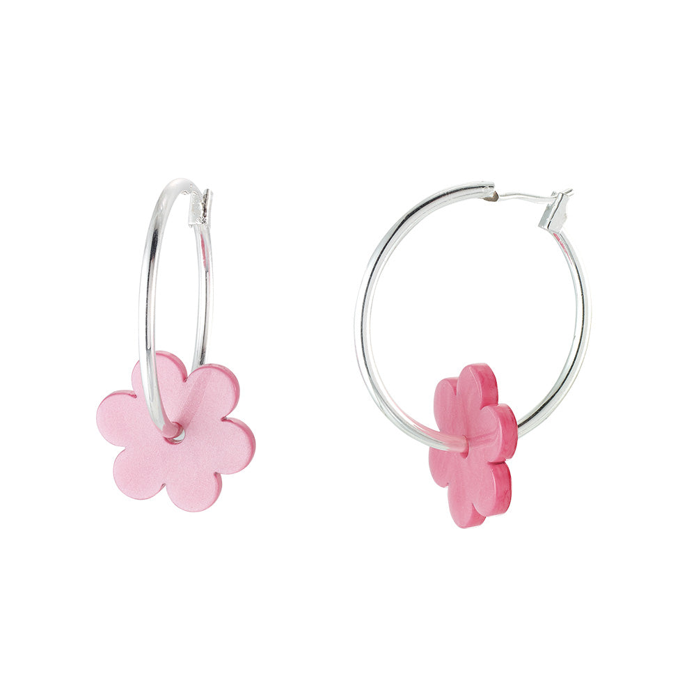 Venice Beach Silver Pearlized Daisy Hoop Earrings