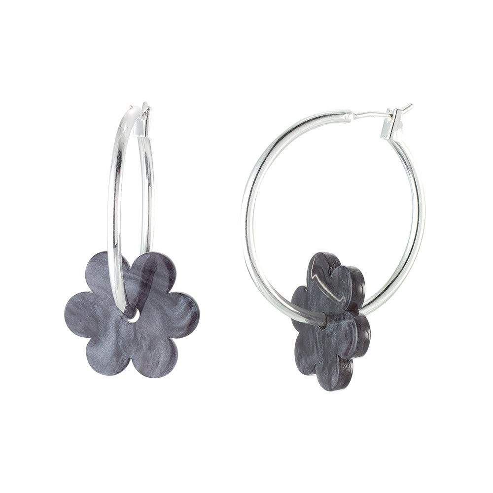 Venice Beach Silver Pearlized Daisy Hoop Earrings
