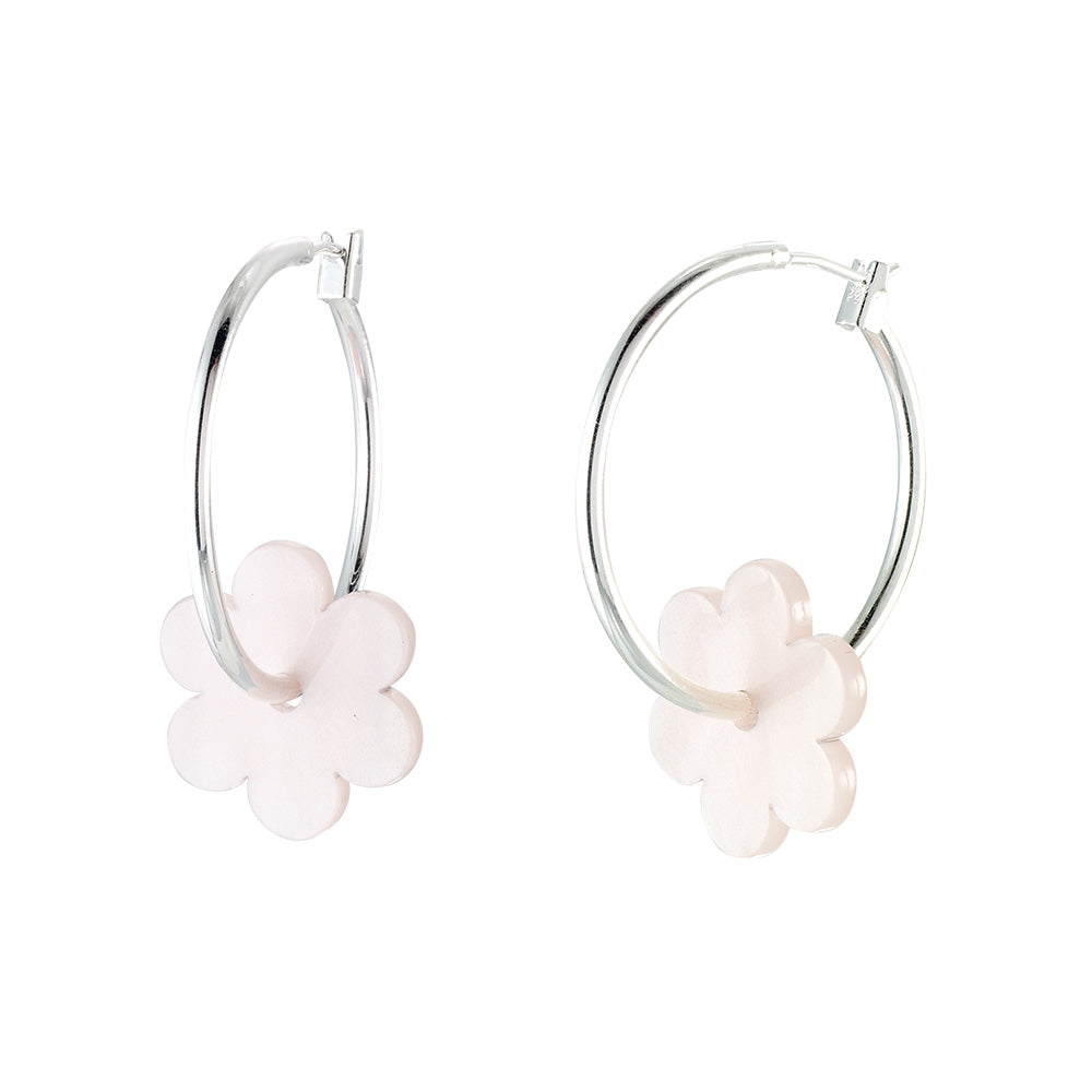 Venice Beach Silver Pearlized Daisy Hoop Earrings