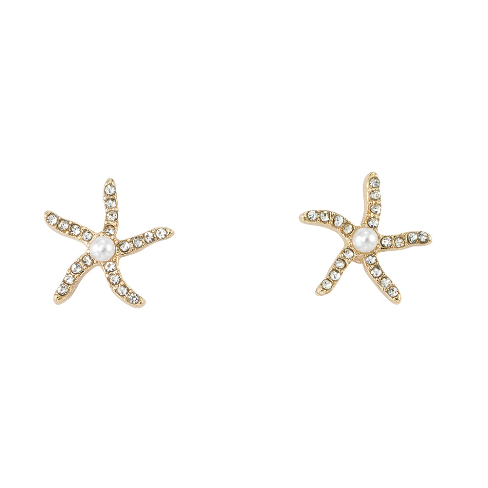 Crystal Starfish Pearl Stud Earrings