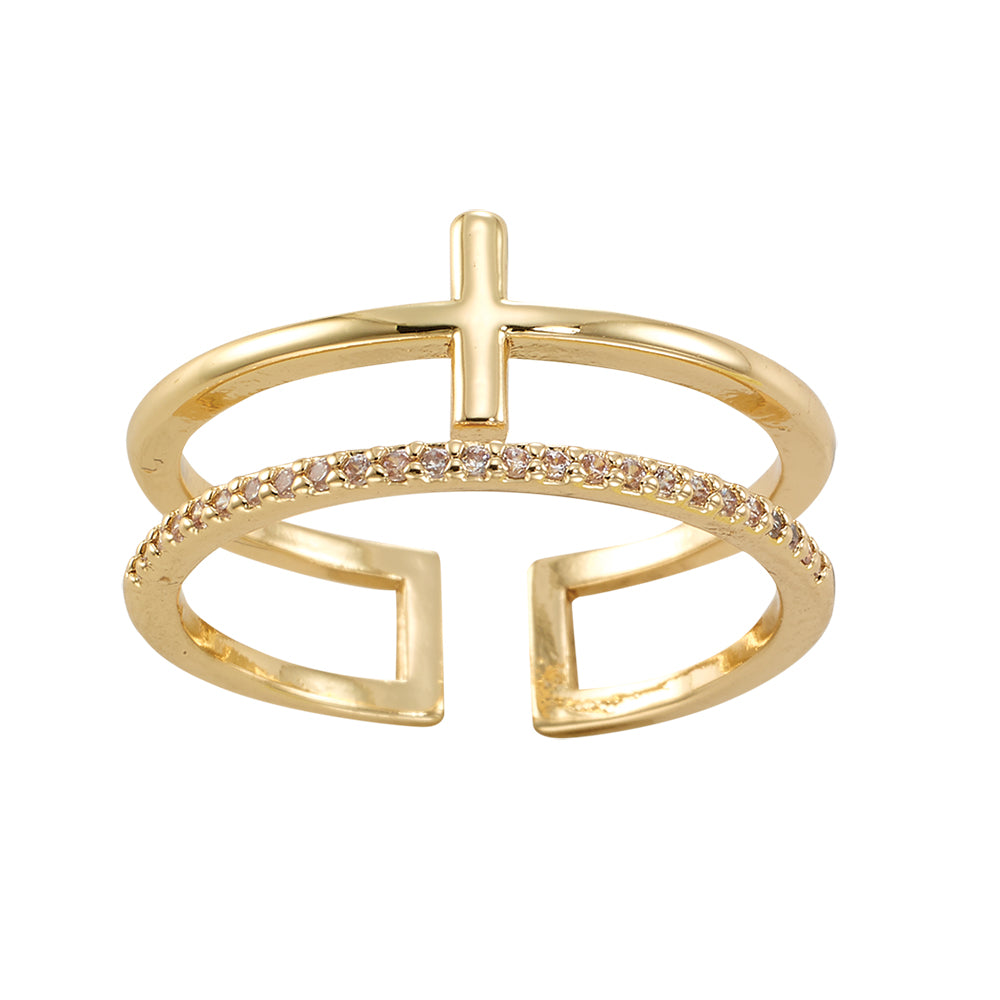 Adjustable Double Band Crystal Cross Ring