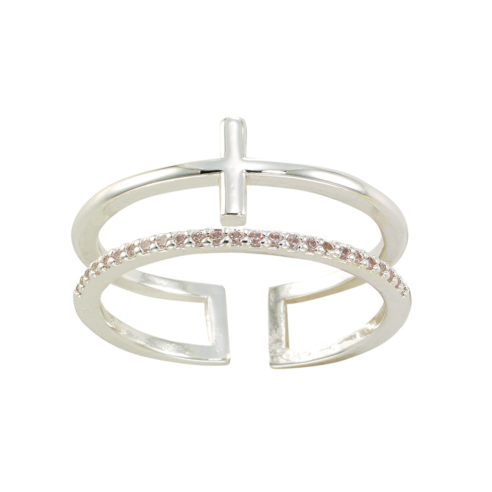 Adjustable Double Band Crystal Cross Ring
