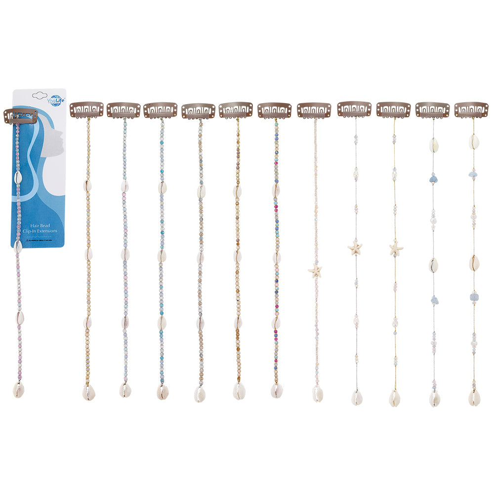 10" Small Pastel Crystals Starfish and Cowrie Hair Bead Clip-In Extensions