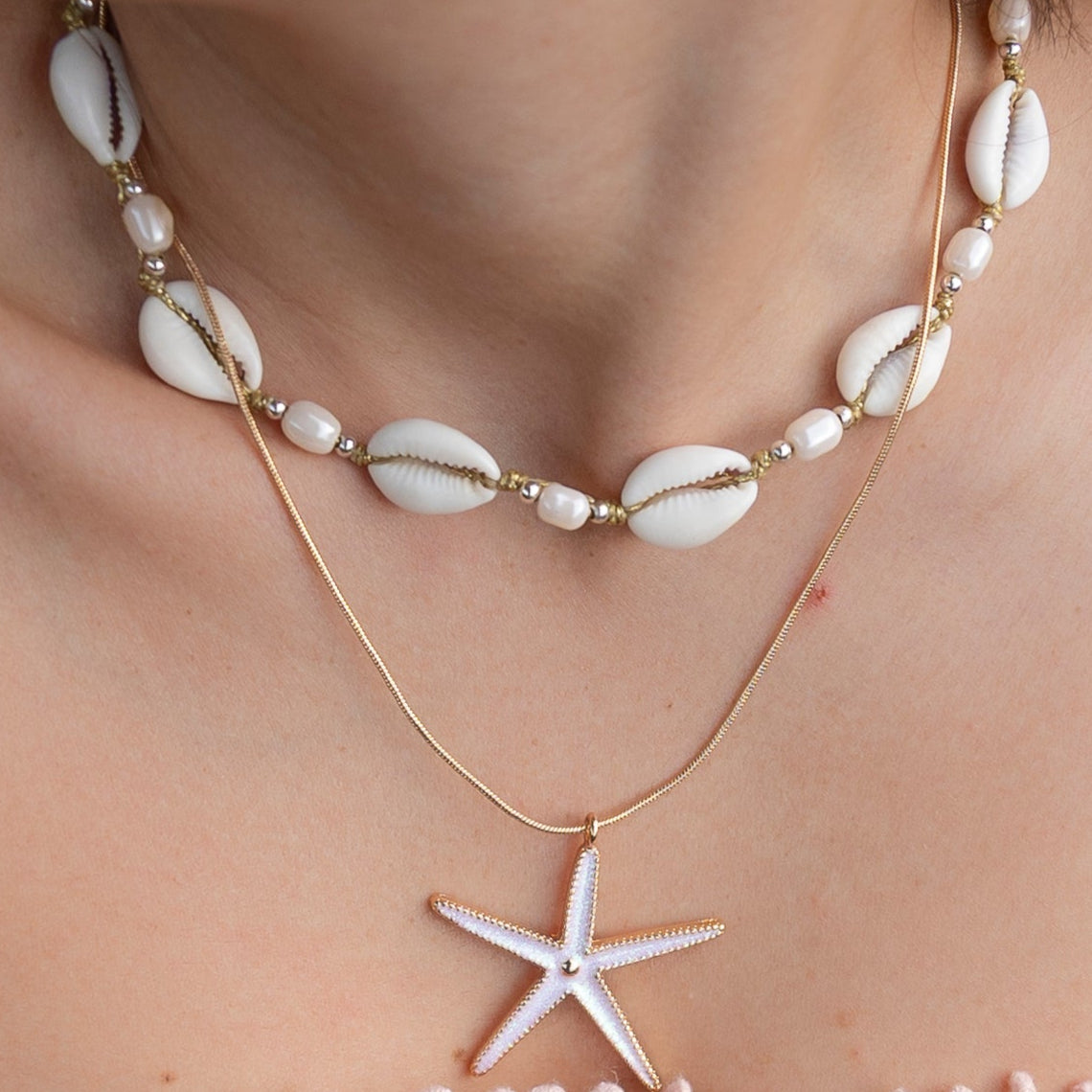 Adjustable Cowrie Shell and Pearl 15" Necklace